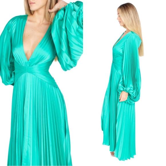 Acler Palms Pleated Long Sleeve Asymmetric Satin Green Midi Dress Sz 6 - Picture 3 of 11